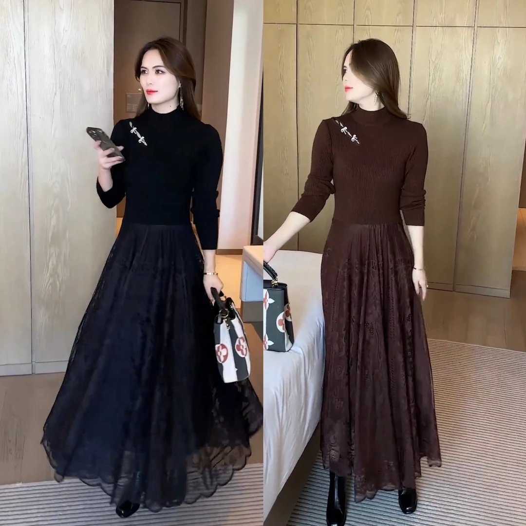 2025A字裙中腰秋冬树脂固色连衣裙长袖修身收腰春秋