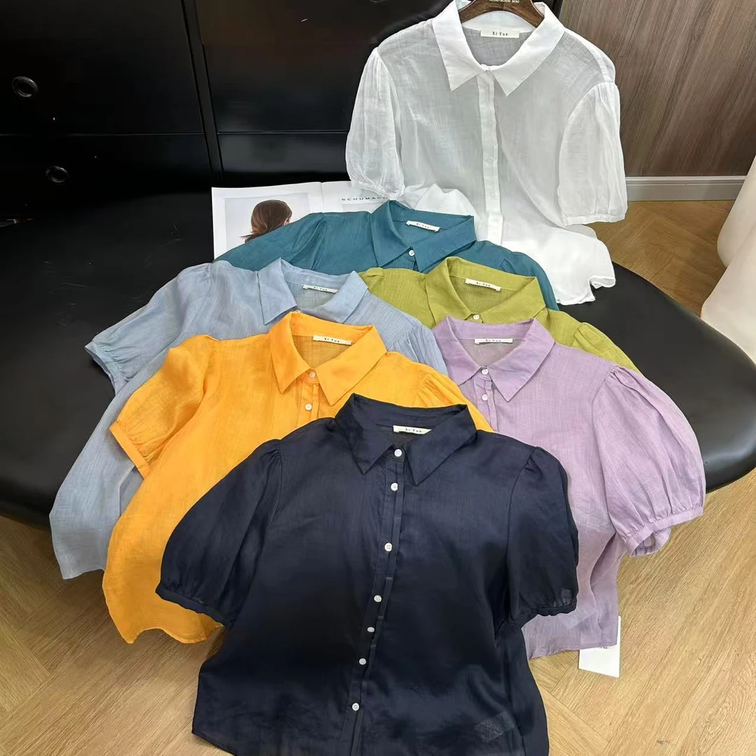 法式复古简约时尚气质百搭翻领苎麻短袖小衫H6546