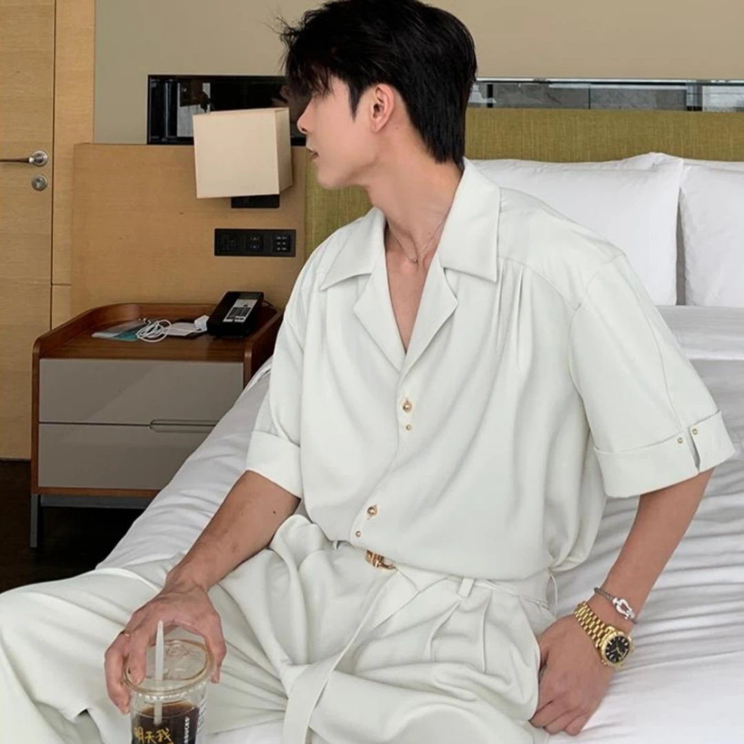 夏季新款男士时尚简约轻奢慵懒小众百搭高级凉感垂顺短袖衬衫套装