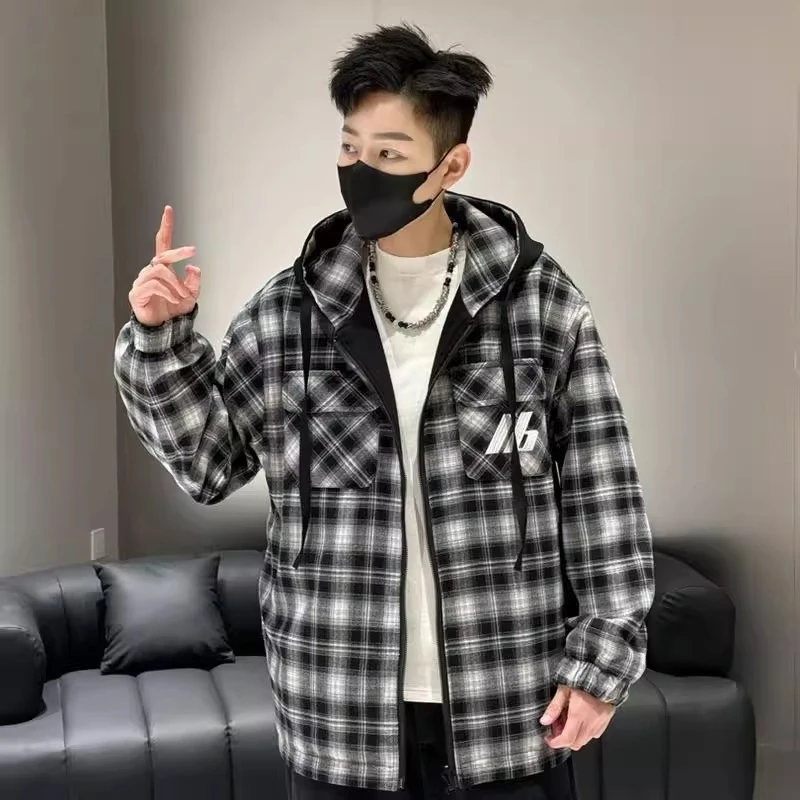 大码男装学生青春活力两面穿春款潮牌双面穿青少年格子夹克外套男
