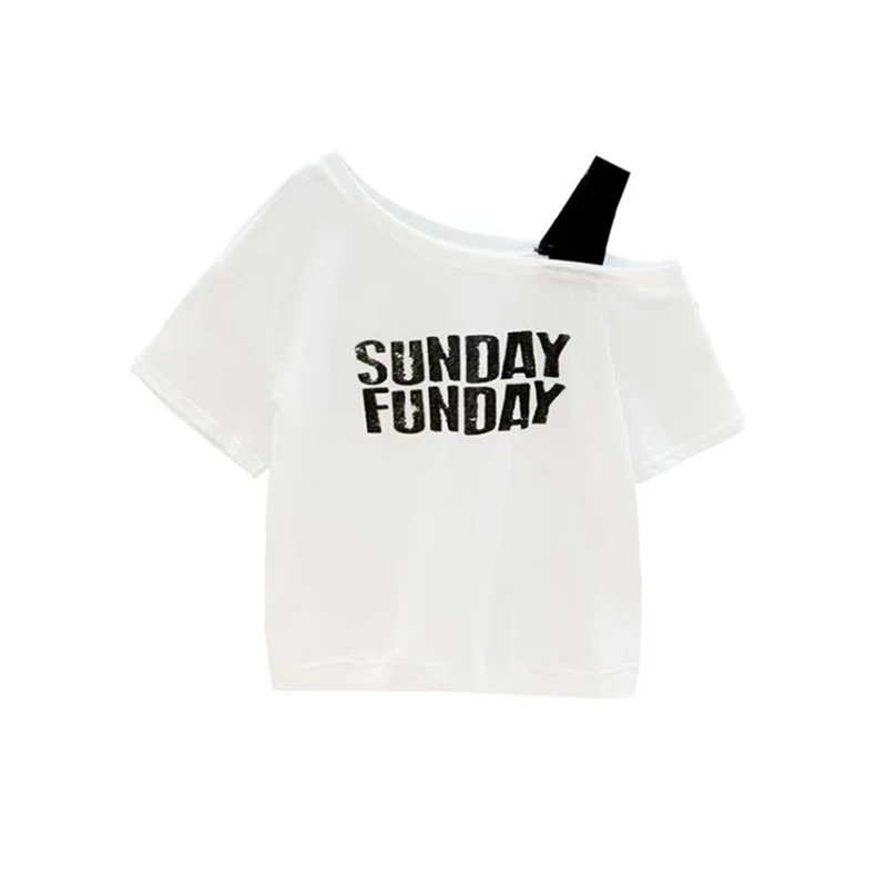 美式字母印花斜肩短袖T恤女2025夏季新款减龄显瘦百搭慵懒风上衣