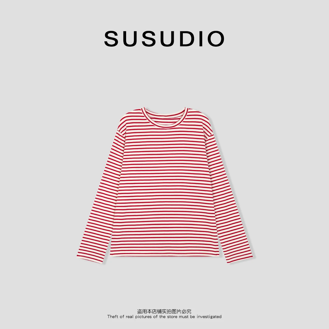 SUSUDIO 韩系慵懒风穿搭棉感条纹休闲长袖T恤10210