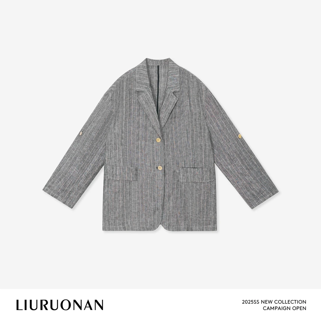 LIURUONAN 25SS 极简风全亚麻竖条纹长袖外套春夏休闲百搭西装女