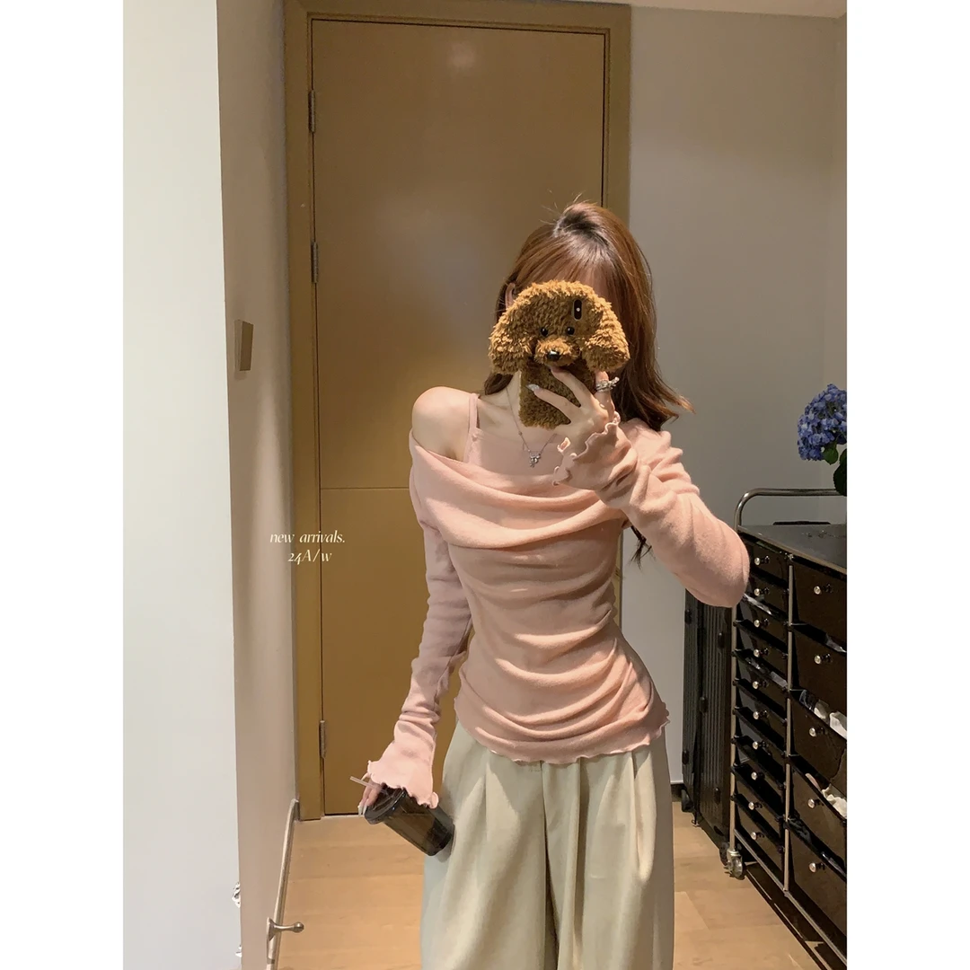 轻奢超火春季韩版温柔荡领木耳边6羊毛假两件针织毛衣打底上衣女