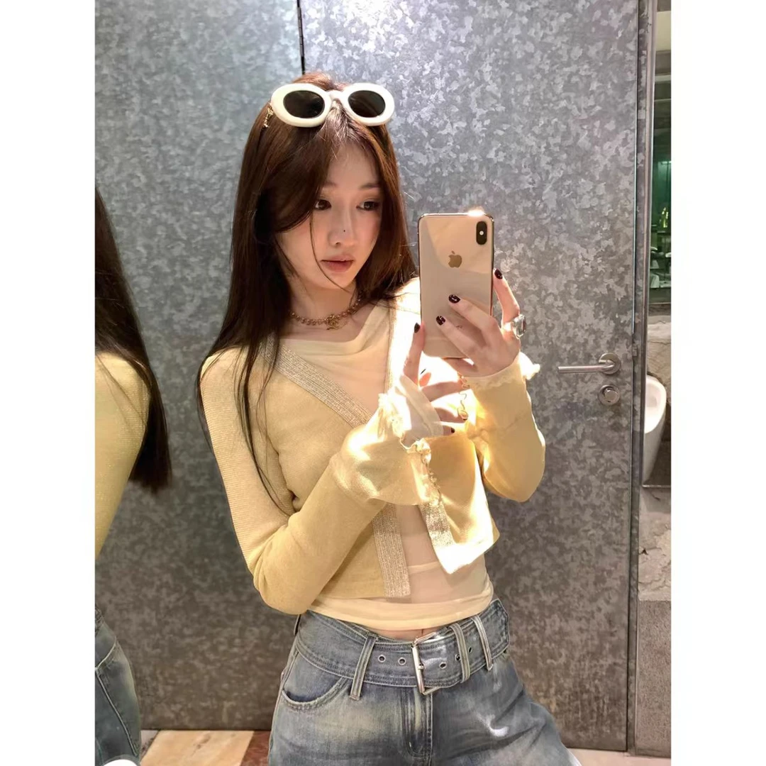 曼曼【复古金丝小开衫】 新款辣妹V领喇叭袖网纱开衫