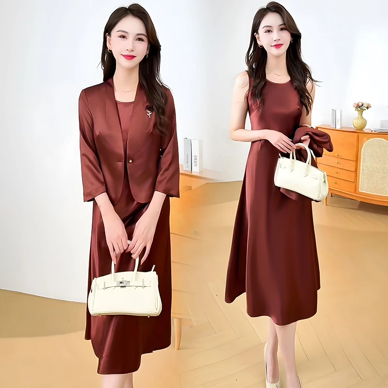重工缎面七分袖外套连衣裙优雅气质时尚礼服宽松中长款两件套裙子