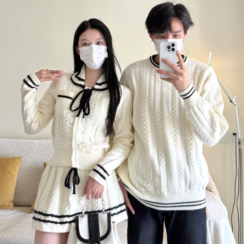 情侣装秋季套头针织日系娃娃领宽松开衫长袖时尚套装男拼色毛衣潮