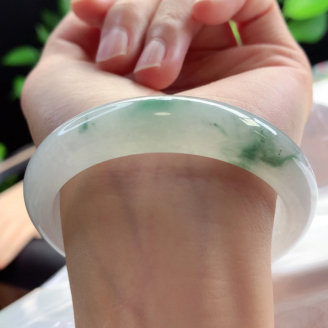 未镶嵌手镯翡翠56圈口白冰飘绿花清新淡雅落落大方3号