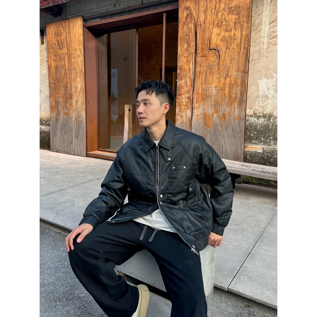 HUYA冬款复古机车风90白鸭绒皮夹克羽绒服港风情侣款Y13-5507合