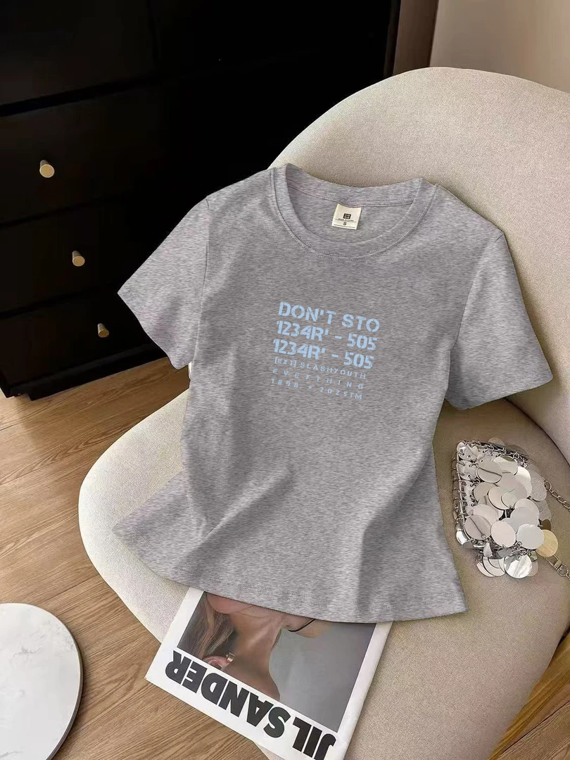 棉T恤字母短袖夏季时尚圆领通勤印花百搭女上衣正肩休闲ins风小众