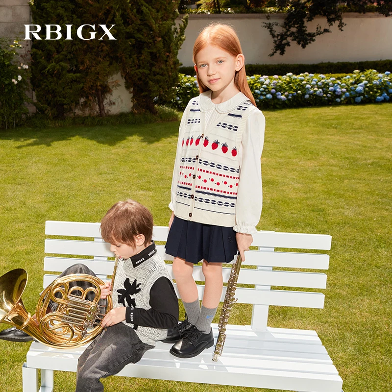 【流光风】RBIGX瑞比克童装秋季针织开衫俏皮可爱小草莓提花V领马甲