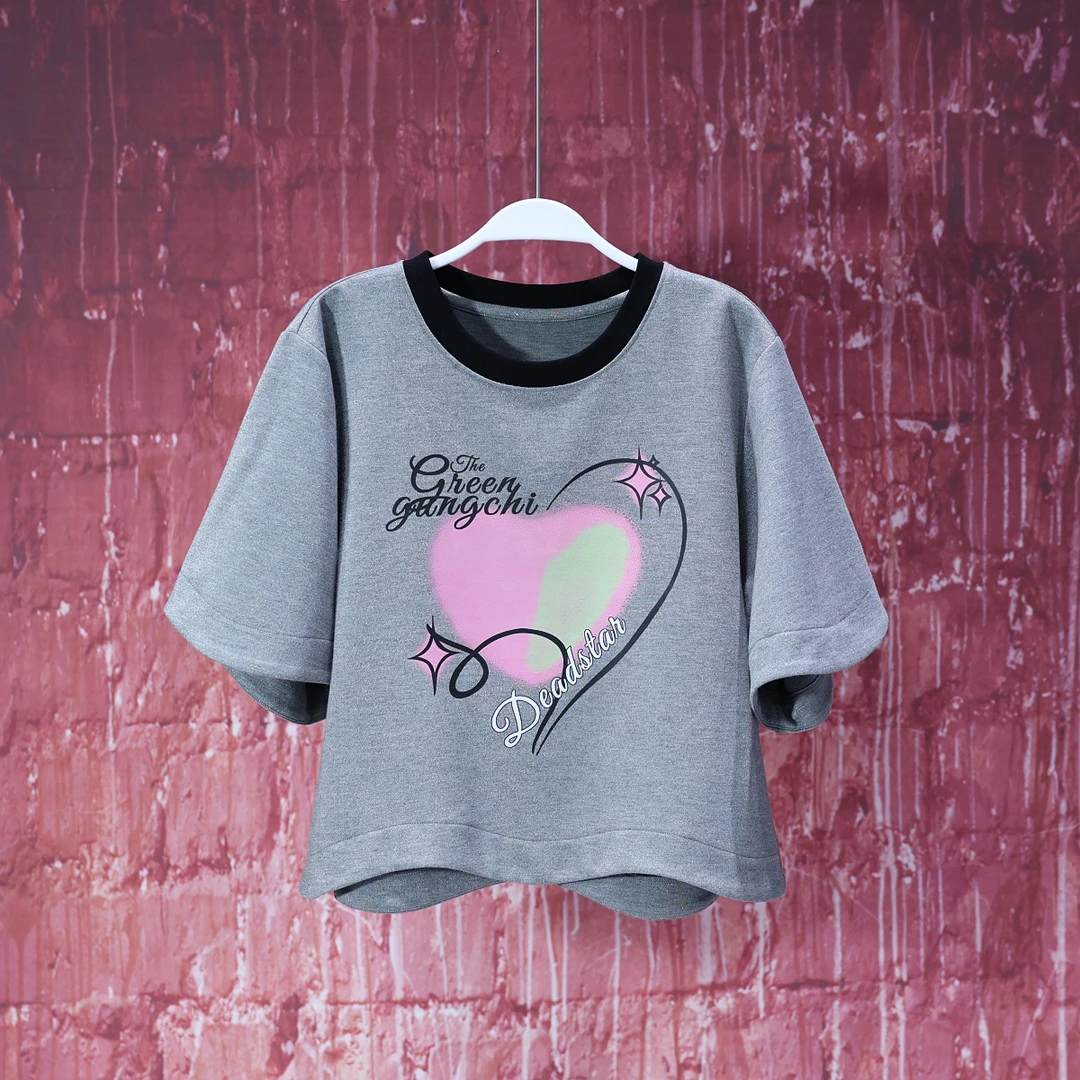 【韩哥女装】冰凉一夏《琴瑟》银灰色爱心印花时尚短款T恤6898A