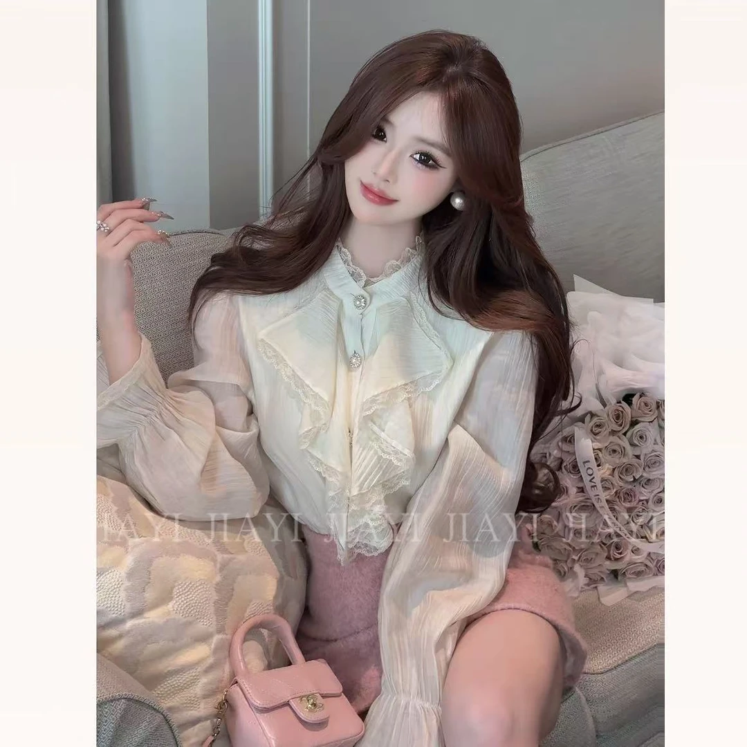 【JIAYI】法式重工刺绣蕾丝千金感花边衬衫2575