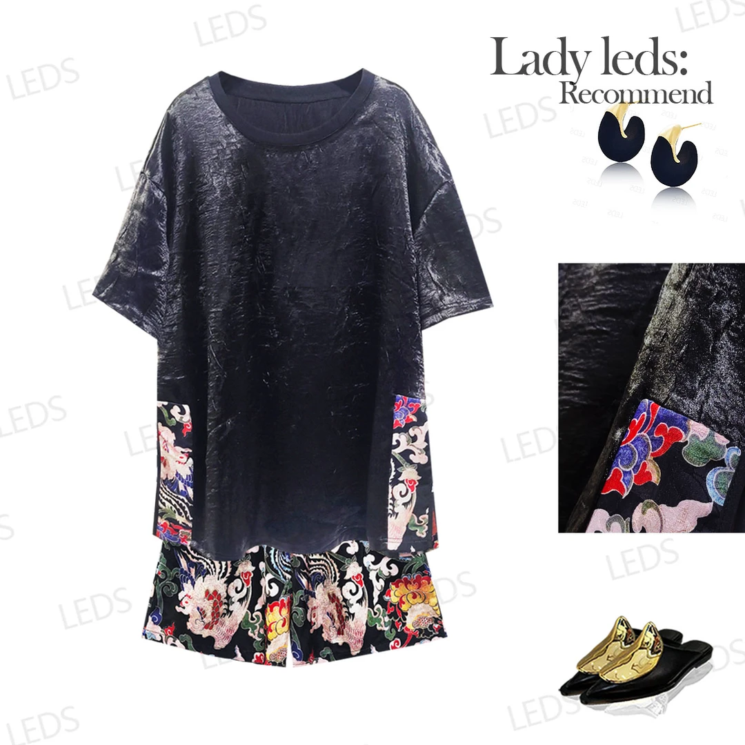 LEDS  S674【国潮炸场】夏季复古提花拼接丝绒薄款短裤套装