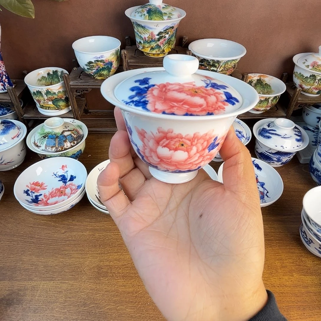 忠意堂釉下彩红牡丹盖碗微瑕不退