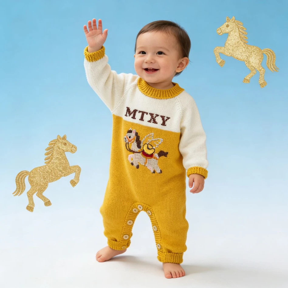 马踏祥云国潮中国红福气喜庆柔软舒手工毛线衣非成品快速达新生儿