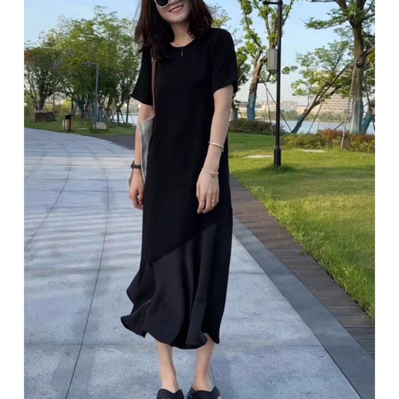 黑色圆领短袖拼接鱼尾连衣裙2025新款女夏季宽松大码女装气质长裙