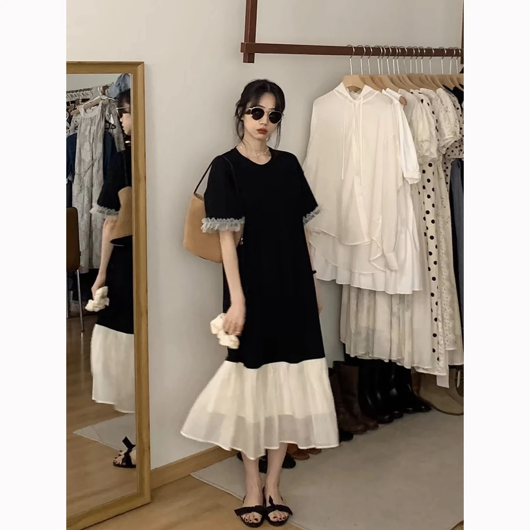 夏季薄款黑色短袖T恤连衣裙女装2025拼接设计感鱼尾长裙子