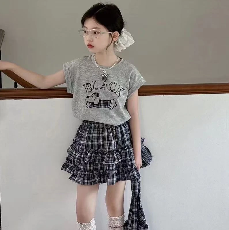 女童短袖套装2025夏季儿童新款洋气印花短袖上衣女宝宝蛋糕两件套