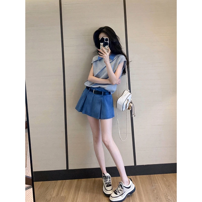 法式设计感小众T恤牛仔裙套装两件套穿搭2025新款女气质显瘦夏季