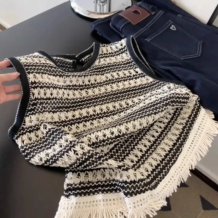 爆炸好看~法式复古撞色条纹气质背心马甲女设计感下摆流苏宽肩带