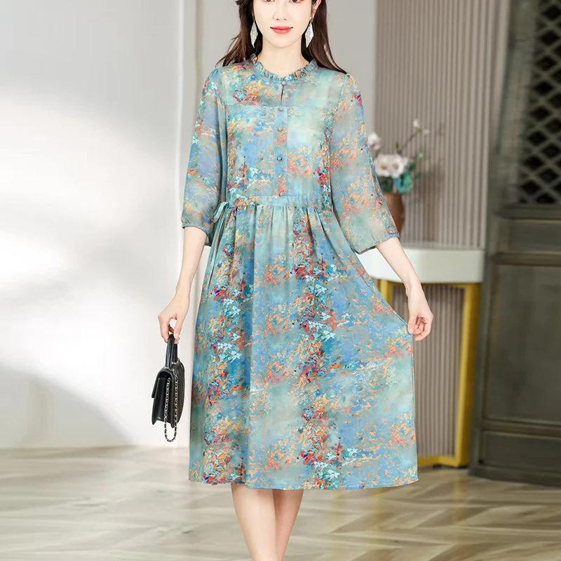 夏季新款时尚女装收腰气质百搭连衣裙洋气妈妈装6415