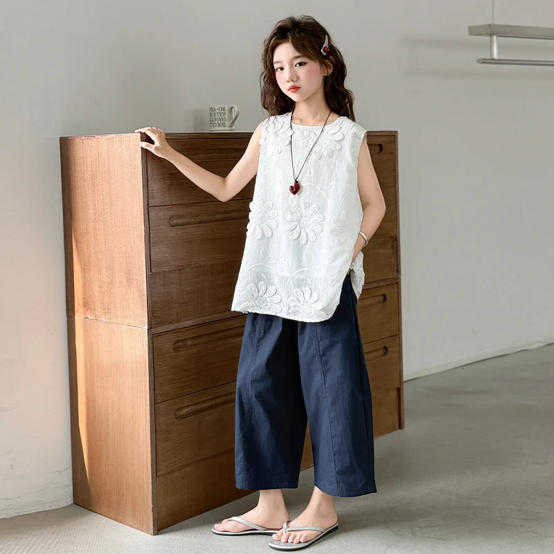 女童套装夏季外穿宽松文艺无袖青少年两件套