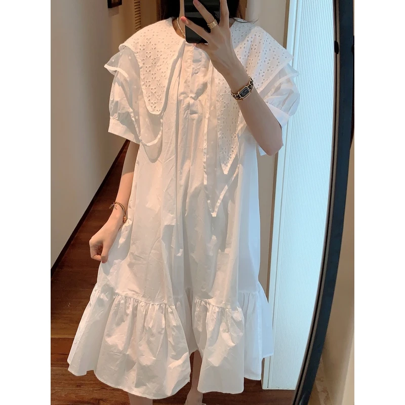 【张静芝】镂空钩花网纱荷叶领拼接洋气甜美乖巧夏季白色连衣裙