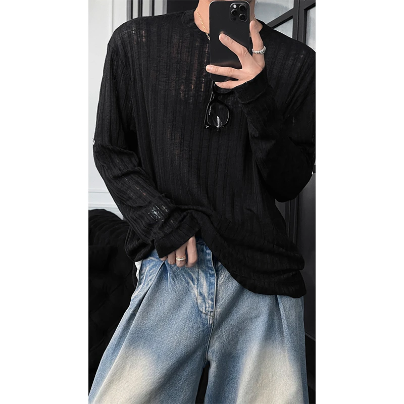 龙叨叨夏季新款潮流简约薄纱半透针织衫透气宽松百搭圆领长袖T恤