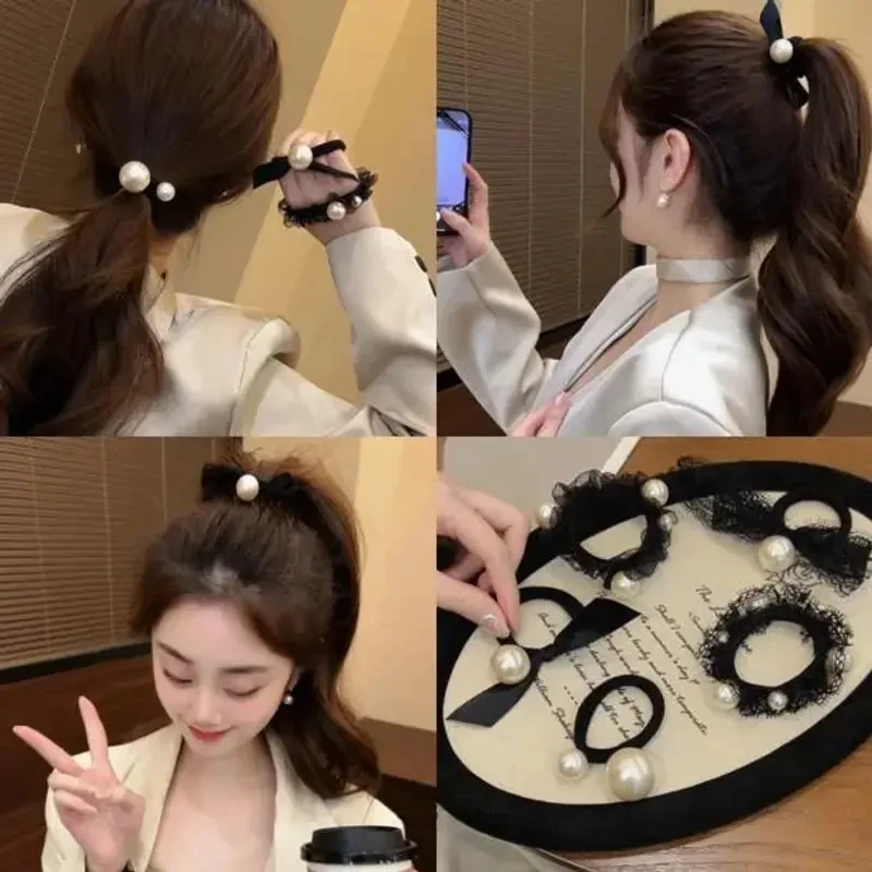 韩国东大门同款贝珠发圈高弹力轻奢气质小香风头绳名媛盘发发饰