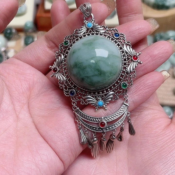 透闪石-蛇纹石玉颈饰银S925镶嵌叶*