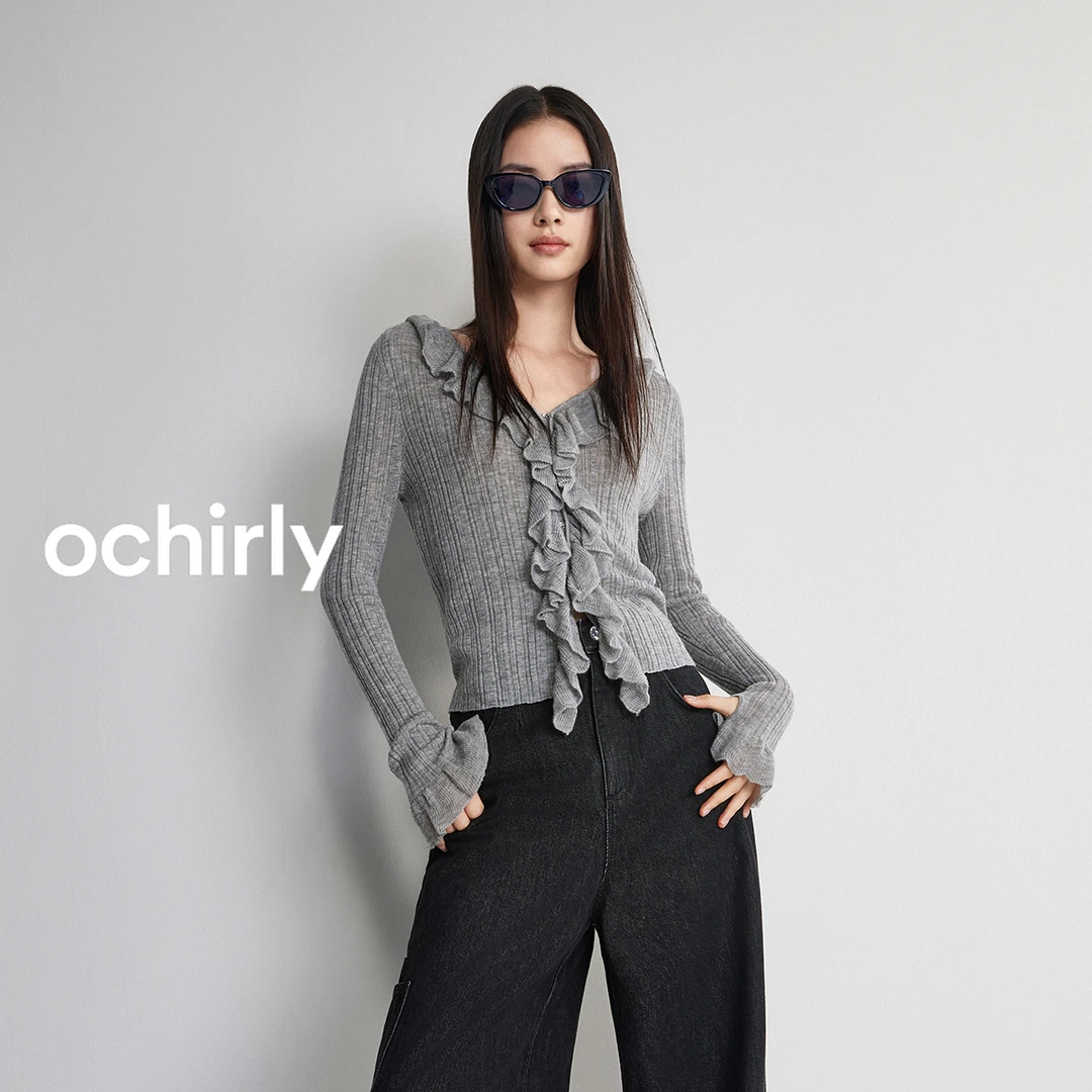 轻薄水溶纯羊毛衫 欧时力V领毛衣女新款荷叶边坑条修身高能感