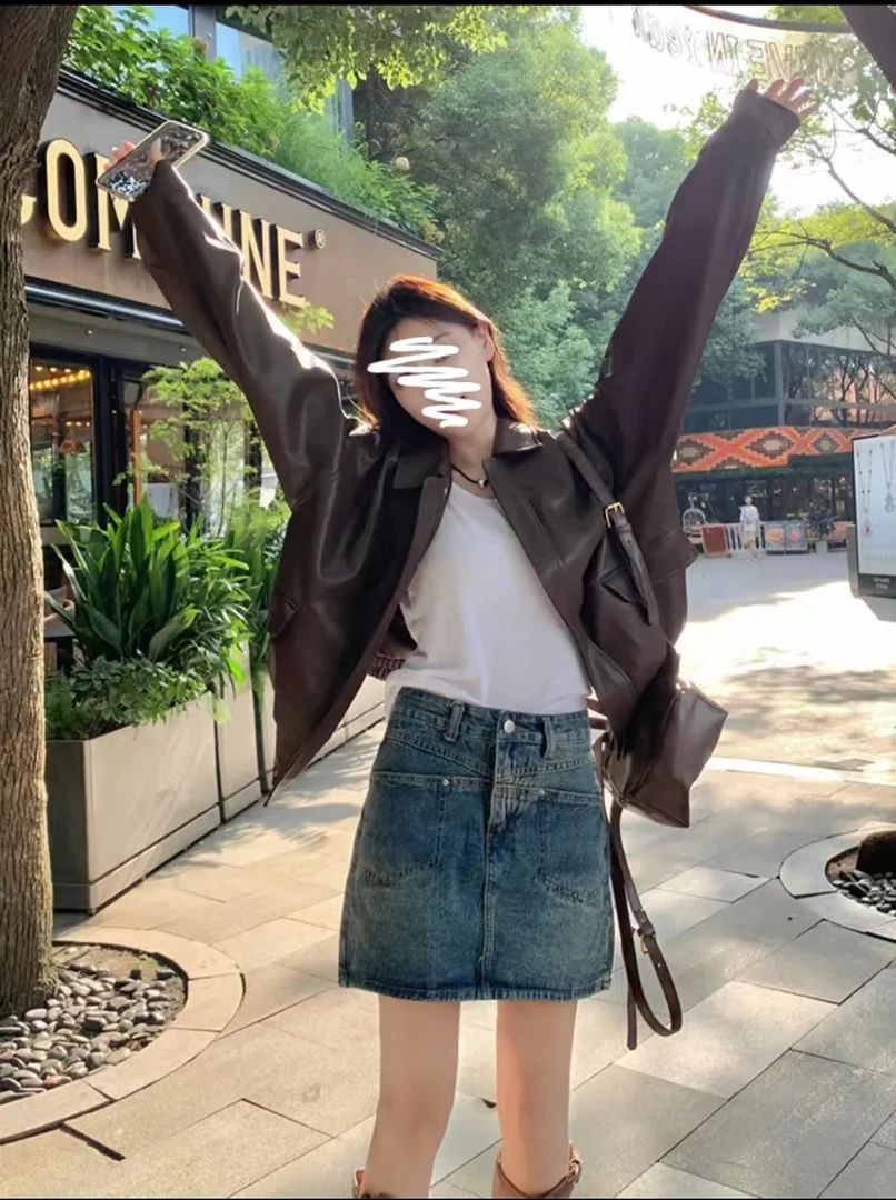 公主 韩版辣酷棕色皮pu外套女春秋高级感机车服长袖夹克（2505）