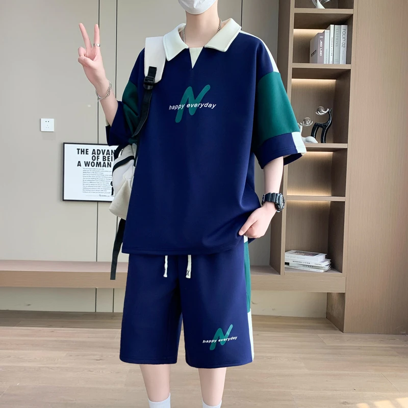 青少年套装男夏季新款翻领时尚POLO初高中生潮流百搭运动套装大码