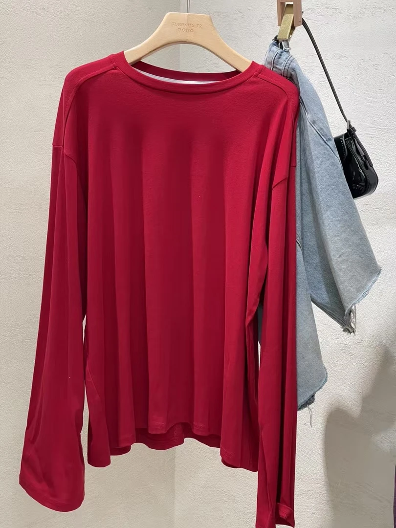 中长款宽松型圆领插肩袖时尚长袖T恤薄款红色休闲百搭套头夏季