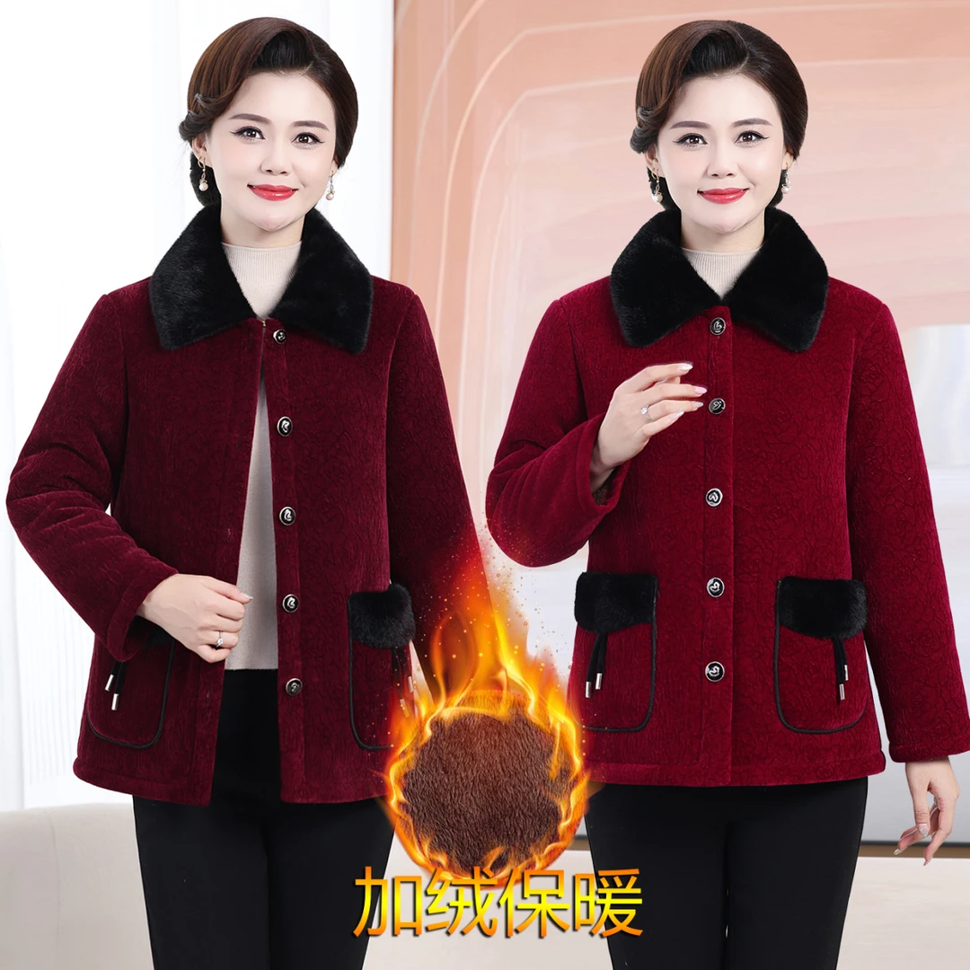 棉衣中老年女装福态风民族风大码老年人毛呢气质妈妈装短款加厚