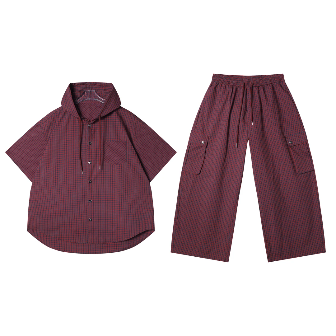 夏季高级感新款美式撞色格子连帽短袖衬衫抽绳直筒长裤时尚套装