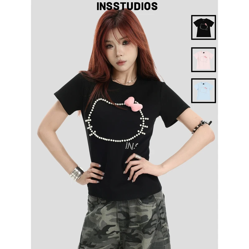 INSstudios 国潮牌美式珍珠猫咪立体蝴蝶结短袖修身显瘦短款T恤女