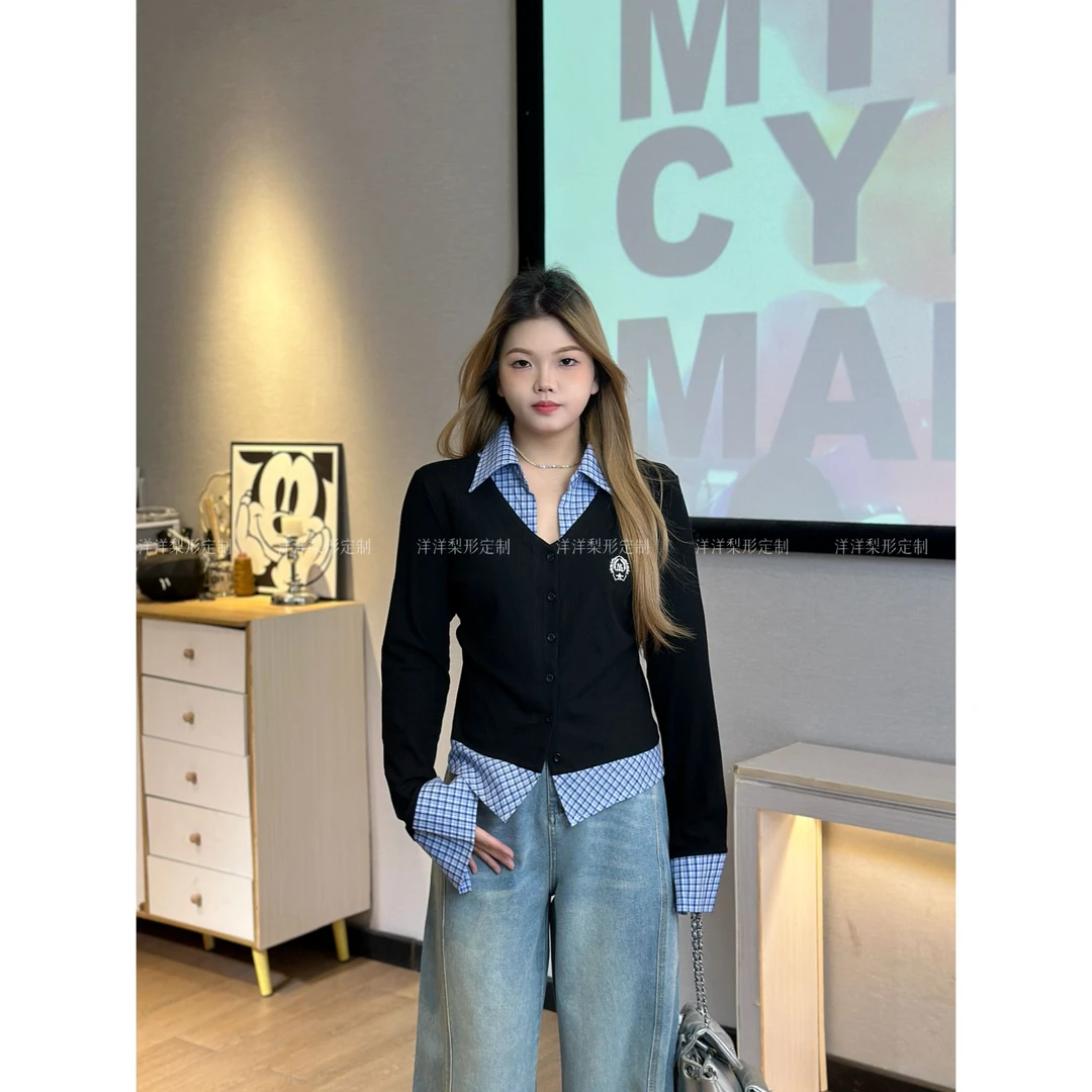 《珠珠定制》格子拼接V领长袖T恤女春秋新款修身辣妹内搭打底衫上衣