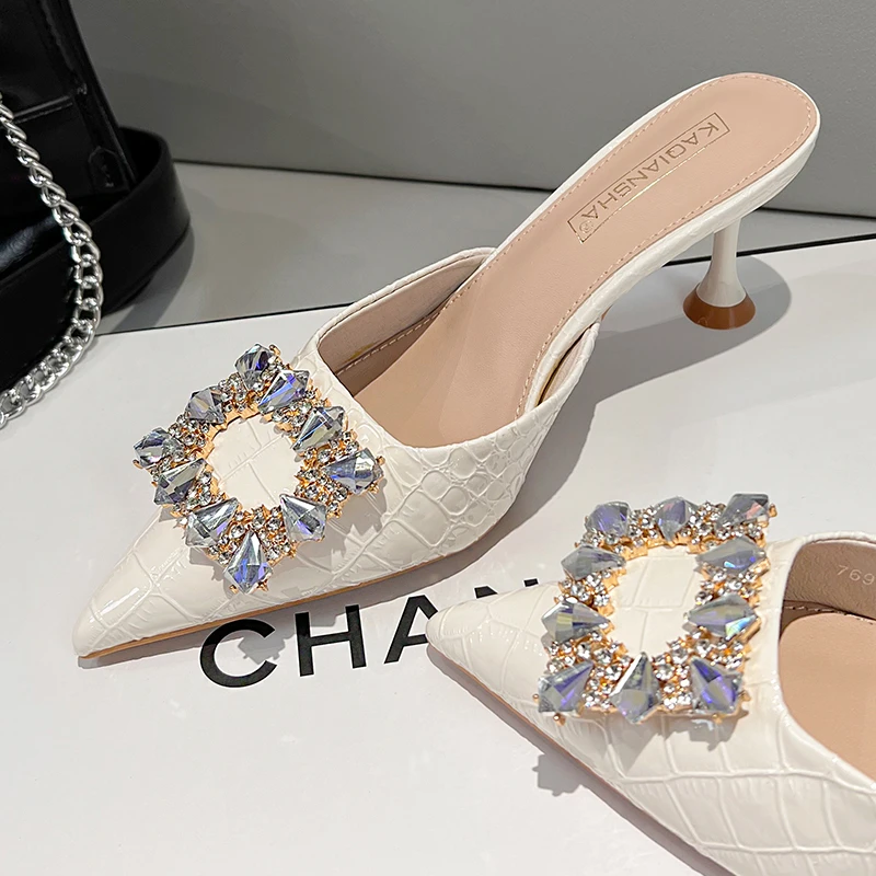 半拖鞋2025新款夏季尖头法式气质水钻外穿高跟鞋细跟包头凉拖鞋女