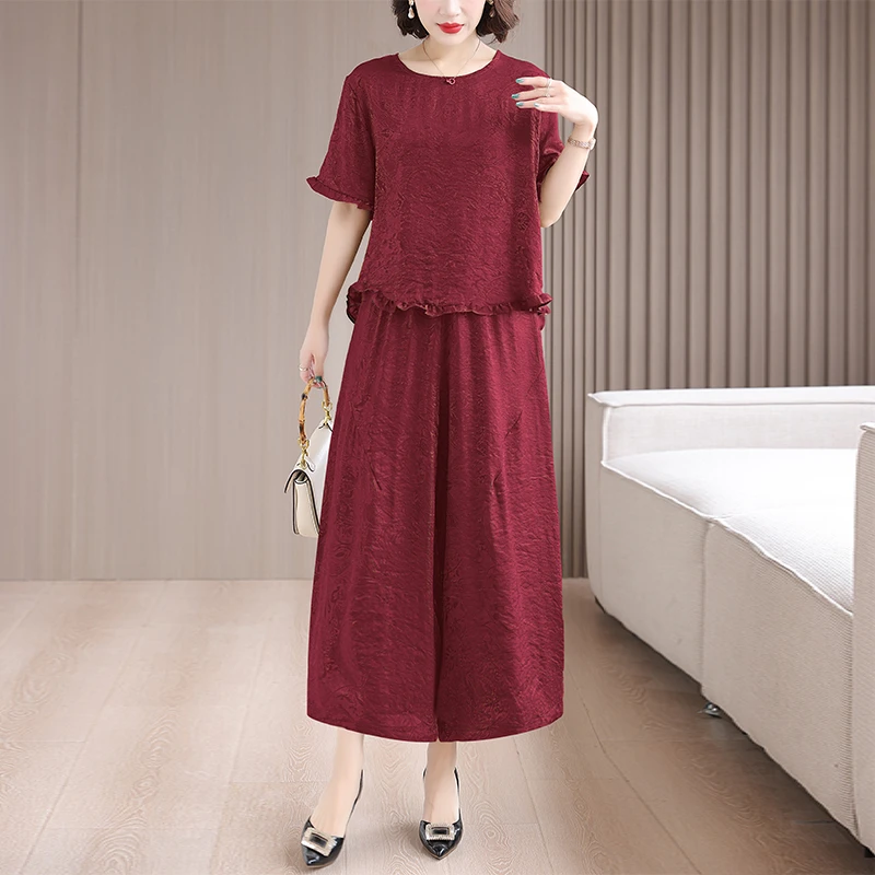 新中式国风凉凉衣中年妈妈夏季新款短袖时尚洋气花苞九分裤一整套