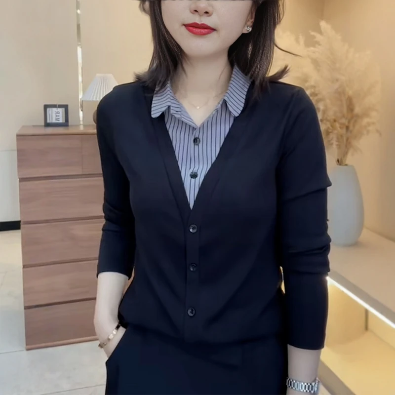 2025春秋季新款女士时尚假两件拼接条纹Polo衫小个子休闲长袖衬衫