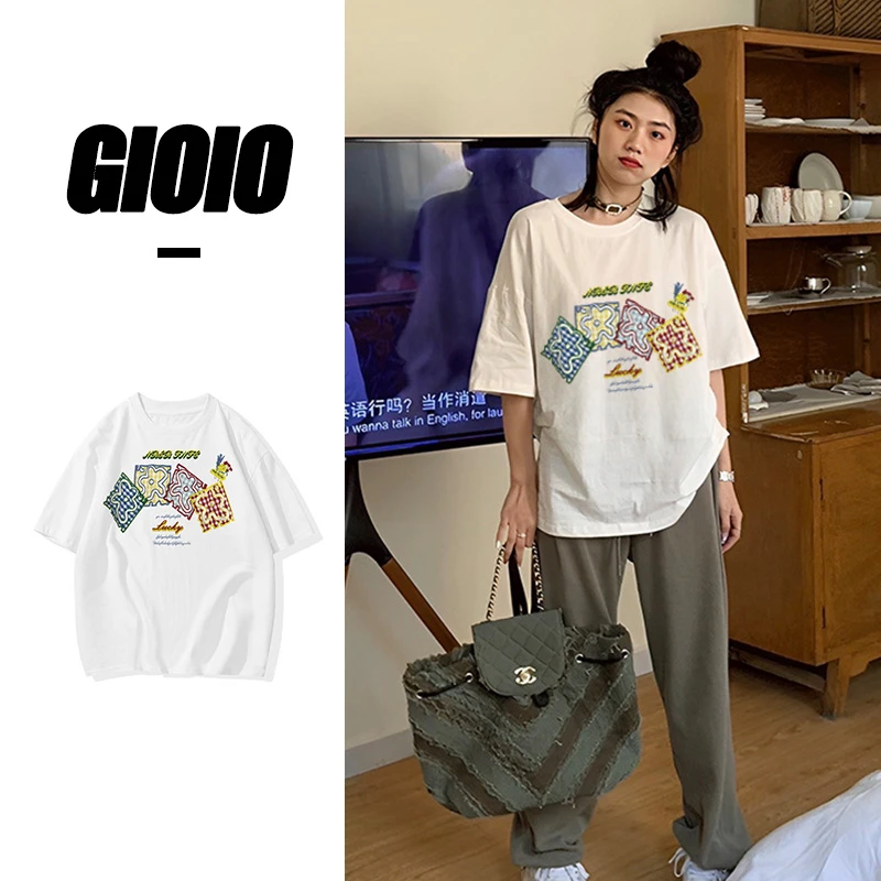 FNFE港式复古风字母印花设计感纯棉短袖T恤女夏季慵懒风情侣装