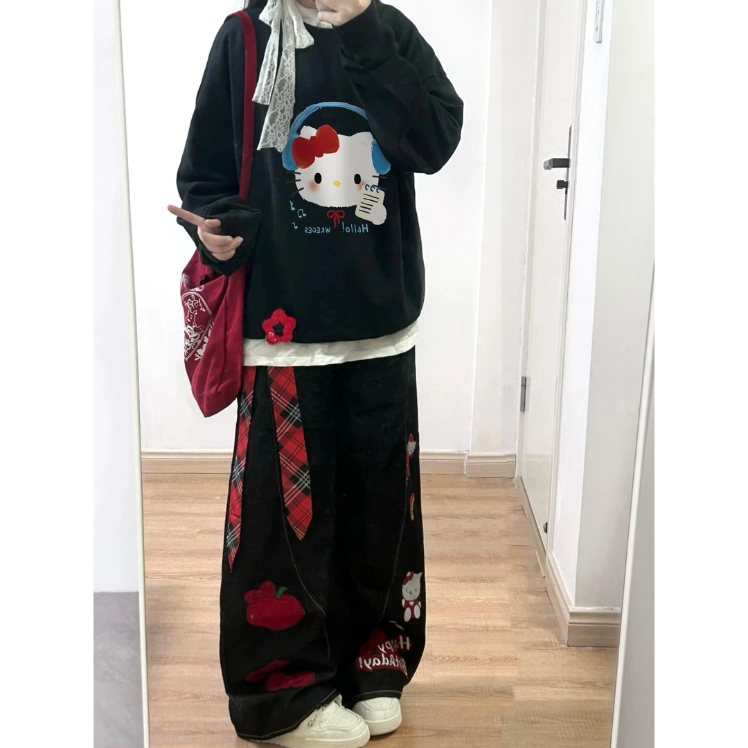 美式复古趣味kitty猫印花卫衣女2025秋冬新款宽松慵懒风情侣上衣