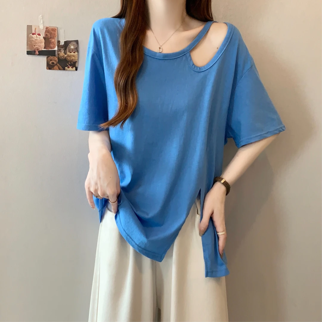 克蓝因蓝镂空正肩短袖T恤女2025夏季大码胖mm宽松不规则开叉上衣