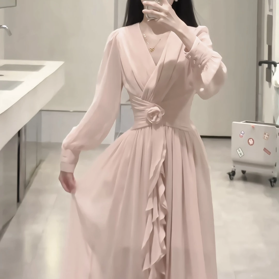 拉夏贝尔25秋韩系粉色扭结收腰显瘦V领礼服超仙连衣裙 10356 SQJ