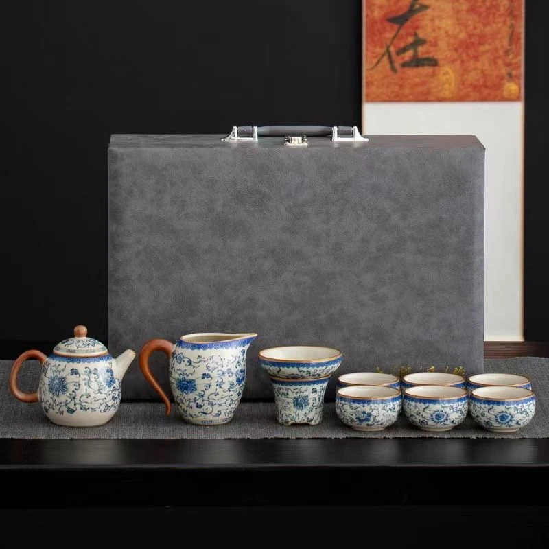 青花功夫茶具套装家用办公茶壶盖碗茶杯中式高端送礼整套泡茶