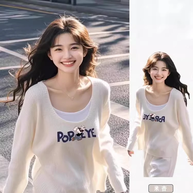 独特低领假两件宽松针织衫女春秋新款设计感小众长袖锁骨上衣毛衣