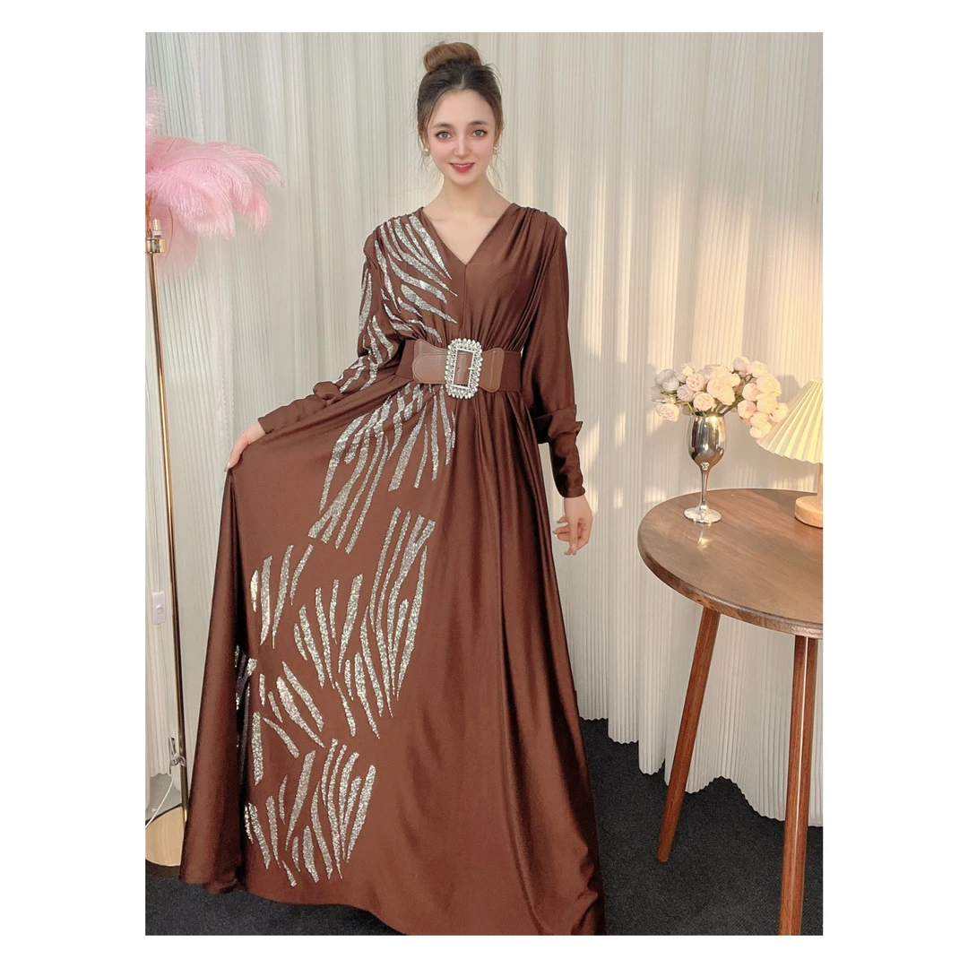 5076【蕾拉】新款V领气质长款拼接时尚女装连衣裙