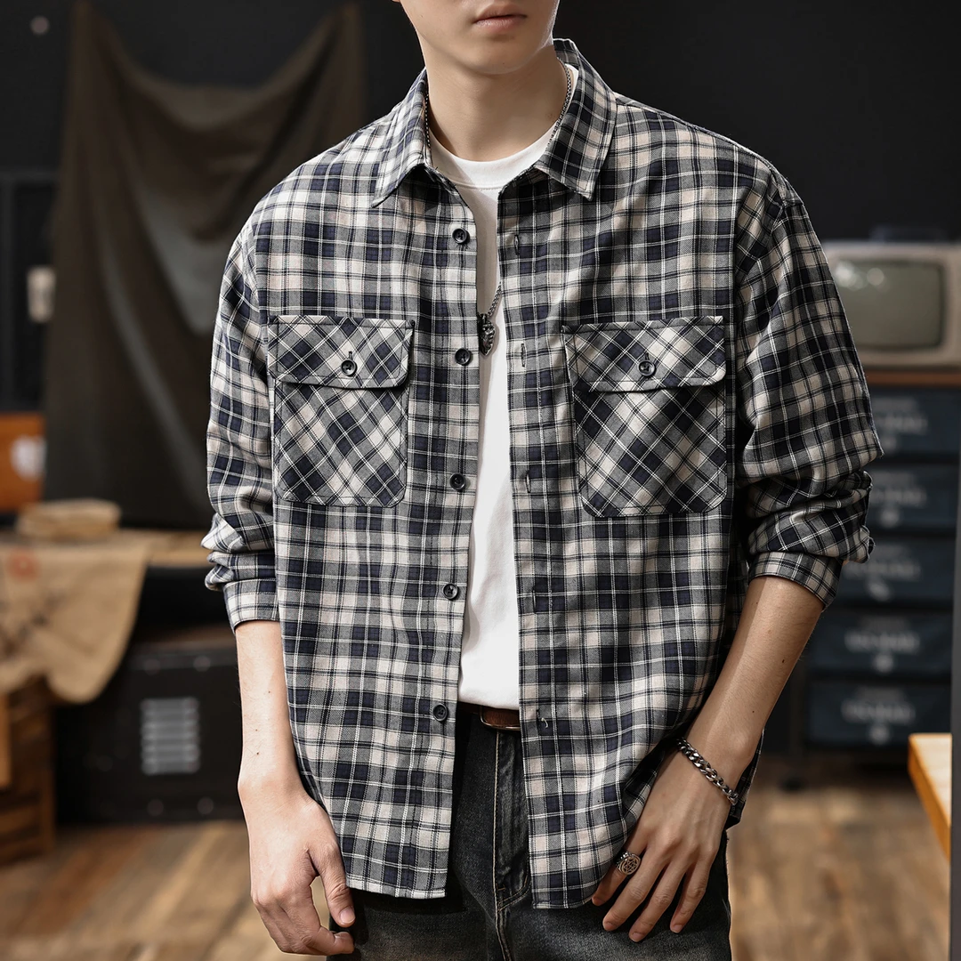 MR.MUDI/穆迪先生新款复古格纹长袖衬衫男春秋款休闲亚麻格子外套